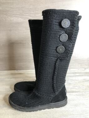 UGG Boots Women 8 Black Classic Cardy Knit Sweater Knee High Winter Boots 5819